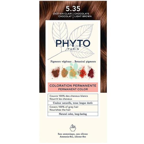 Phyto Permanent Hair Color Kit Μόνιμη Βαφή Μαλλιών με Φυτικές Χρωστικές, Χωρίς Αμμωνία 1 Τεμάχιο - 5.35 Ανοιχτό Καφέ Σοκολατί